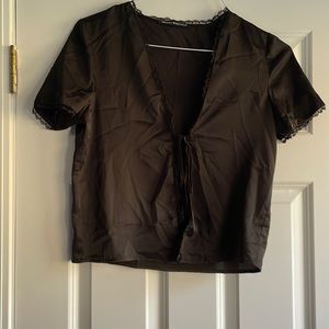 Brandy Melville black short sleeve silk blouse